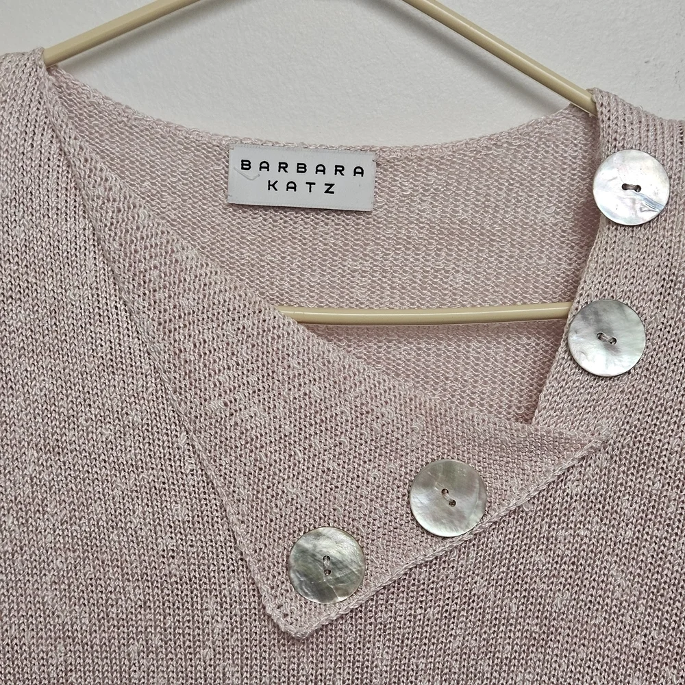 Vintage Barbara Katz Feather Pink Sz M Lenin Blend Knit Bliuse Shell Button - Picture 3 of 16
